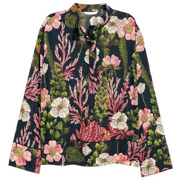 H&M - Bright Floral Colorful Patterned Half Button Long Sleeve Blouse Size 2 - Picture 1 of 11